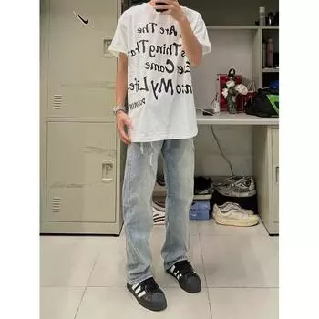 Мужские ретро-стираные винтажные широкие джинсы, мужские свободные прямые повседневные универсальные длинные брюки S синий