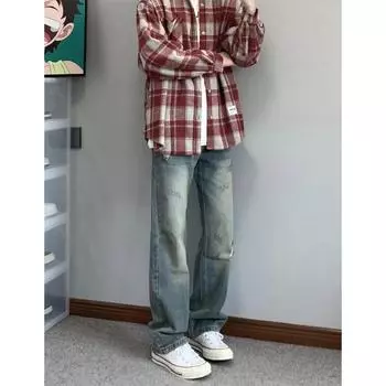 Мужские ретро-стираные винтажные широкие джинсы, мужские свободные прямые повседневные универсальные длинные брюки S синий