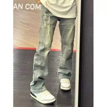 Мужские ретро-стираные винтажные широкие джинсы, мужские свободные прямые повседневные универсальные длинные брюки S синий