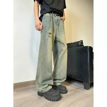 Мужские ретро-стираные винтажные широкие джинсы, мужские свободные прямые повседневные универсальные длинные брюки S синий