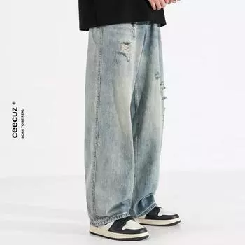 Мужские ретро-стираные винтажные широкие джинсы, мужские свободные прямые повседневные универсальные длинные брюки S синий