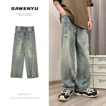 Мужские ретро-стираные винтажные широкие джинсы, мужские свободные прямые повседневные универсальные длинные брюки S синий