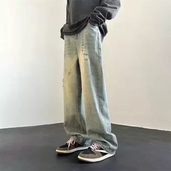 Мужские ретро-стираные винтажные широкие джинсы, мужские свободные прямые повседневные универсальные длинные брюки S синий