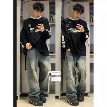 Мужские ретро-стираные винтажные широкие джинсы, мужские свободные прямые повседневные универсальные длинные брюки S синий