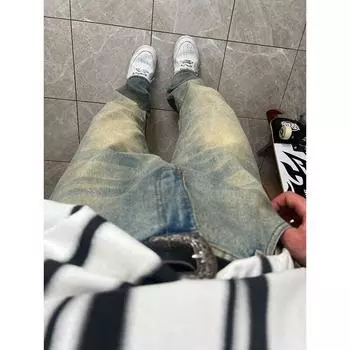 Мужские ретро-стираные винтажные широкие джинсы, мужские свободные прямые повседневные универсальные длинные брюки M синий