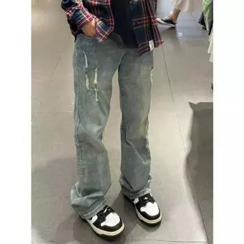 Мужские ретро-стираные винтажные широкие джинсы, мужские свободные прямые повседневные универсальные длинные брюки S синий