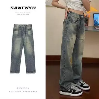 Мужские ретро-стираные винтажные широкие джинсы, мужские свободные прямые повседневные универсальные длинные брюки S синий