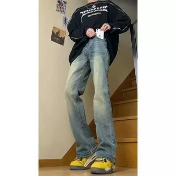 Мужские ретро-стираные винтажные широкие джинсы, мужские свободные прямые повседневные универсальные длинные брюки M синий
