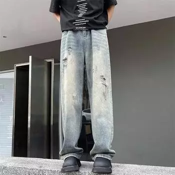 Мужские ретро-стираные винтажные широкие джинсы, мужские свободные прямые повседневные универсальные длинные брюки S синий