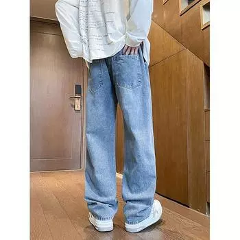 Мужские ретро-стираные винтажные широкие джинсы, мужские свободные прямые повседневные универсальные длинные брюки M синий