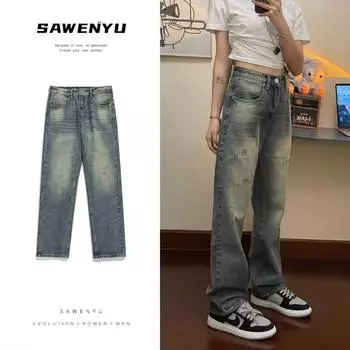 Мужские ретро-стираные винтажные широкие джинсы, мужские свободные прямые повседневные универсальные длинные брюки S синий