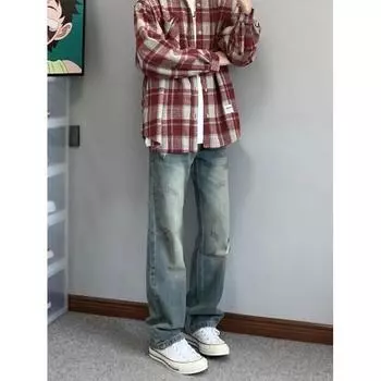 Мужские ретро-стираные винтажные широкие джинсы, мужские свободные прямые повседневные универсальные длинные брюки S синий