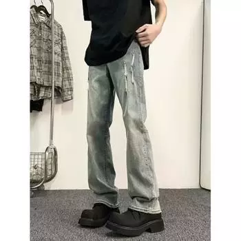 Мужские ретро-стираные винтажные широкие джинсы, мужские свободные прямые повседневные универсальные длинные брюки S синий