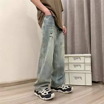 Мужские ретро-стираные винтажные широкие джинсы, мужские свободные прямые повседневные универсальные длинные брюки S синий