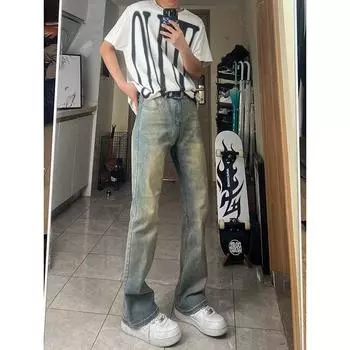 Мужские ретро-стираные винтажные широкие джинсы, мужские свободные прямые повседневные универсальные длинные брюки M синий