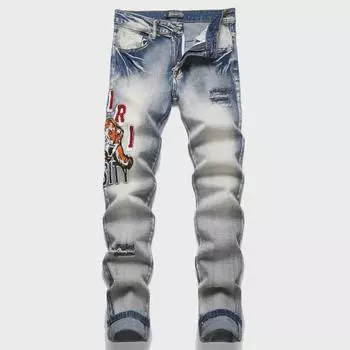 Мужские ретро-узкие синие джинсы с вышивкой в виде дырок 3X Large синий