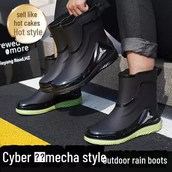 Мужские резиновые сапоги Cyber Mecha: Водонепроницаемые, нескользящие, износостойкие резиновые туфли с бархатной подкладкой для рыбалки и отдыха на природе. 39 горчичный/зелёный