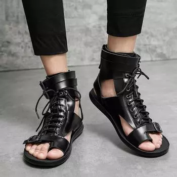 Мужские римские сандалии, черно-белые кожаные сандалии-гладиаторы, уличные летние римские сандалии для мужчин, пляжная обувь с открытым носком и открытым носком 38 чёрный