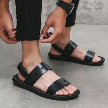 Мужские римские сандалии, черно-белые кожаные сандалии-гладиаторы, уличные летние римские сандалии для мужчин, пляжная обувь с открытым носком и открытым носком 38 чёрный