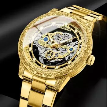 Мужские роскошные часы с выдолбленным ретро-циферблатом, кварцевые часы с ремешком из нержавеющей стали, водонепроницаемые светящиеся мужские часы, немеханические часы L-Gold