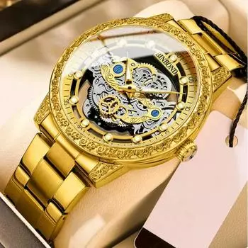 Мужские роскошные часы-скелетоны с ретро-дизайном, резным корпусом, браслетом из нержавеющей стали, кварцевые наручные часы, не механические часы L-Gold