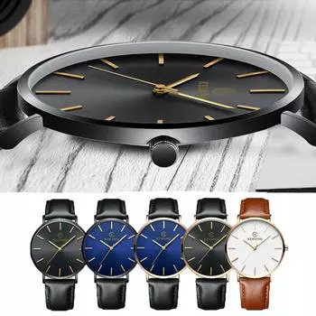 Мужские роскошные кварцевые часы с кожаным ремешком, минималистичные ультратонкие водонепроницаемые часы, модные наручные часы