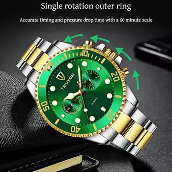 Мужские роскошные кварцевые часы с вращающимся циферблатом, 24-часовой хронограф, водонепроницаемый, ночник, мужские многофункциональные деловые кварцевые часы со стальной полосой чёрный/золотистый