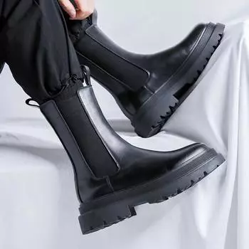 Мужские роскошные модные высокие ботинки челси для ночного клуба, черные ботинки из натуральной кожи, ковбойские ботинки на платформе, длинные мотоциклетные ботинки для мужчин 38