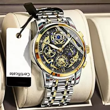 Мужские роскошные резные часы с тремя глазами, водонепроницаемые, светящиеся, с календарем, из нержавеющей стали, кварцевые часы с фазами Луны, подходящие для повседневного бизнеса серебряный/синий