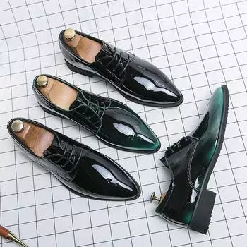 Мужские роскошные туфли из лакированной кожи с острым носком в британском стиле, модная деловая обувь, обувь для банкета, обувь для отдыха на шнуровке, известные бренды 38 чёрный