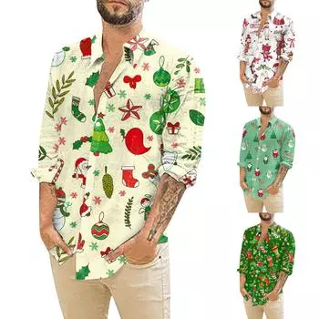 Мужские рождественские рубашки с длинным рукавом и цветочным принтом, топы на пуговицах, забавная милая классическая рубашка с рисунком XXXXL темно-зеленого