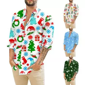 Мужские рождественские рубашки с длинным рукавом и цветочным принтом, топы на пуговицах, забавная милая классическая рубашка с рисунком XXL зелёный