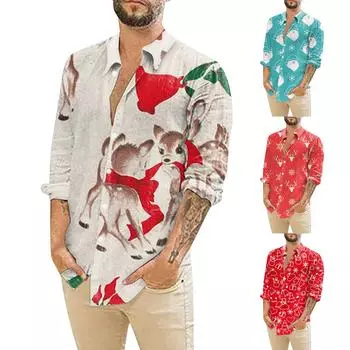 Мужские рождественские рубашки с длинным рукавом и цветочным принтом, топы на пуговицах, забавная милая классическая рубашка с рисунком XXXL циан