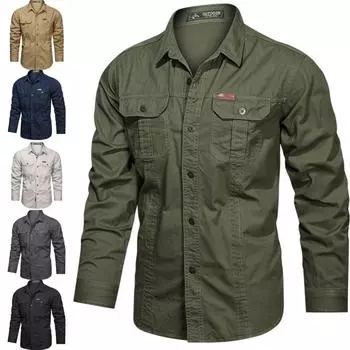 Мужские рубашки больших размеров с несколькими карманами, рубашки для инструментов, рубашки с длинными рукавами в стиле милитари для активного отдыха, высококачественные мужские хлопковые повседневные рубашки XXXXXL чёрный