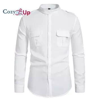 Мужские рубашки Cozy Up с длинным рукавом, застегивающимся на пуговицы, воротником-стойкой, двойными карманами S белый
