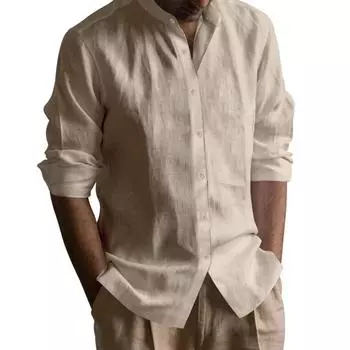 Мужские рубашки хенли из хлопка и льна с открытыми стежками, легкие, дышащие, однотонные, приталенные мужские рубашки S бежевый