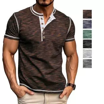 Мужские рубашки хенли с цветными блоками, короткими рукавами, круглым вырезом, пуговицами, большого размера, повседневные, повседневные, летние, мужские топы S кофейный