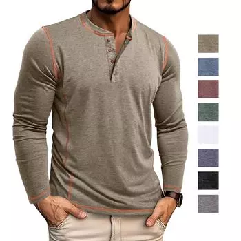 Мужские рубашки хенли с длинными рукавами, свитера, топы на четырех пуговицах, футболки для осени, зимы и весны, для отдыха, дома, повседневной одежды S хаки