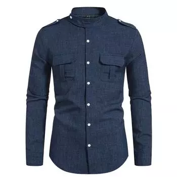 Мужские рубашки Henry с длинными рукавами, отложным воротником, повседневные, однотонные, в уличном стиле, с узкими карманами, маленькая водолазка S чёрный