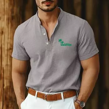 Мужские рубашки из 100% хлопка и льна с коротким рукавом, застегивающиеся на пуговицы, воротник-стойка, повседневные летние рубашки для дома и повседневной носки S белый