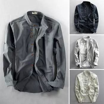 Мужские рубашки из хлопка и льна с длинным рукавом, мужские повседневные узкие рубашки с воротником-стойкой, летняя пляжная рубашка высокого качества M белый