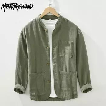 Мужские рубашки из хлопка и льна в китайском стиле на весну/осень, повседневные, с воротником-стойкой и длинным рукавом, свободные рубашки с несколькими карманами M чёрный