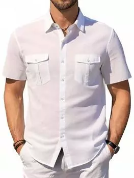 Мужские рубашки из хлопка и льна с коротким рукавом и узором в тонкую полоску, летние дышащие мужские модные однотонные повседневные рубашки с отложным воротником на пуговицах S чёрный