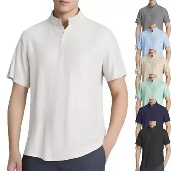 Мужские рубашки из хлопка и льна, повседневные футболки с короткими рукавами, гавайская рубашка Henrey, однотонные мужские футболки S чёрный