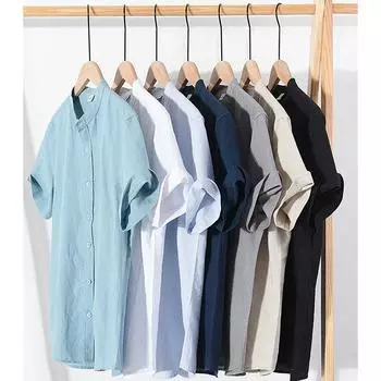 Мужские рубашки из хлопка и льна с короткими рукавами, летняя уличная одежда, однотонные, с воротником-стойкой, повседневные, пляжного стиля, большие размеры XS-3XL XXXXL