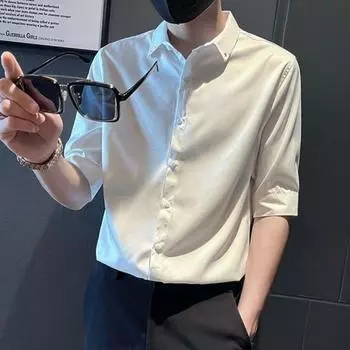 Мужские рубашки из ледяного шелка с короткими рукавами, однотонные летние тонкие топы с отложным воротником, мужские повседневные свободные рубашки M белый