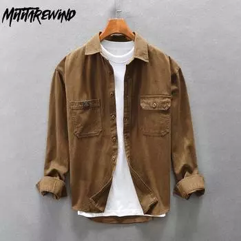 Мужские рубашки-карго в японском стиле с квадратным воротником, повседневная рубашка из чистого хлопка с длинными рукавами, мешковатые топы, молодежная модная мужская одежда M чёрный