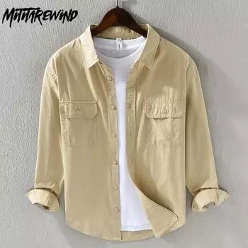 Рубашки-карго в японском стиле для мужчин, повседневная рубашка из чистого хлопка с длинным рукавом, весна/осень M хаки