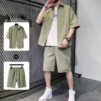 Мужские рубашки, комплект, летняя однотонная рубашка с коротким рукавом и пляжные шорты, уличная одежда, спортивный комплект из 2 предметов M чёрный