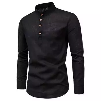 Мужские рубашки M-5XL Повседневная льняная рубашка с длинным рукавом Slim Fit Стенд воротник рубашка Мужчины M темно-синий
